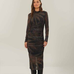 HOLIDAY CAPSULE black golden foliage tulle midi dress Farm rio